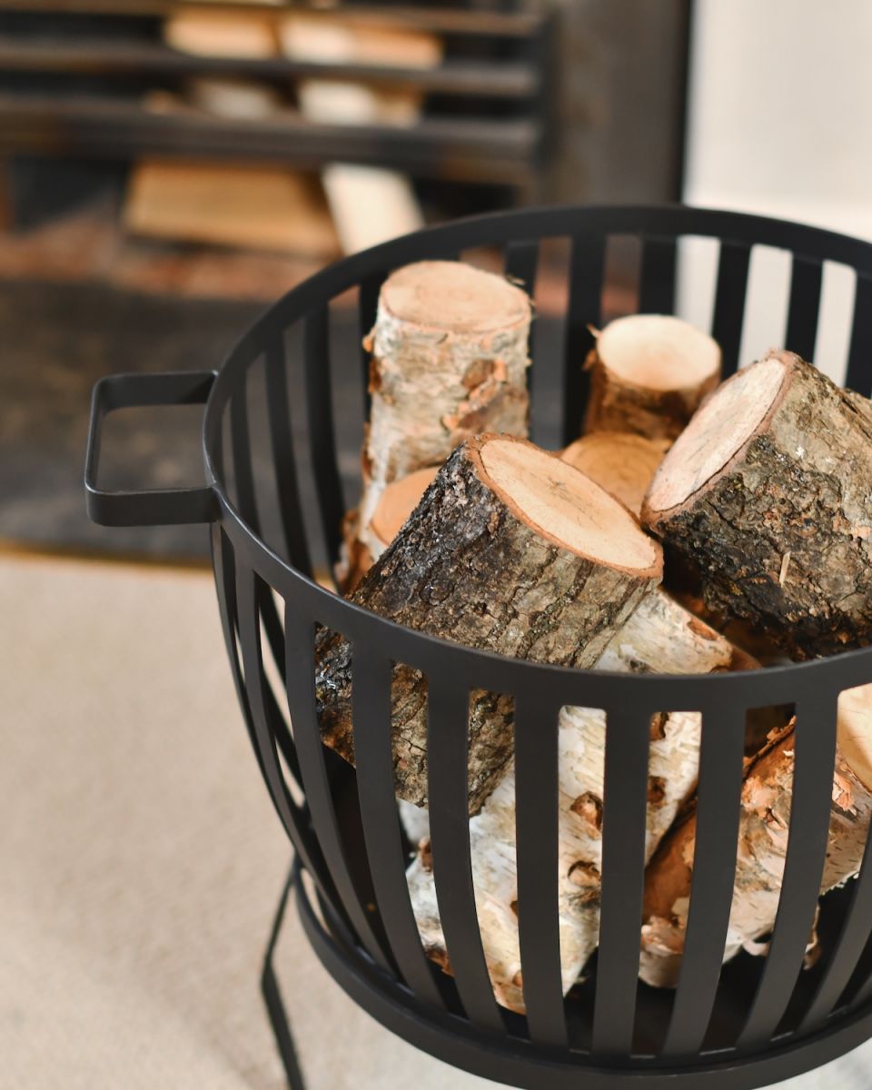 Close up of handle detail on wood burner log holder