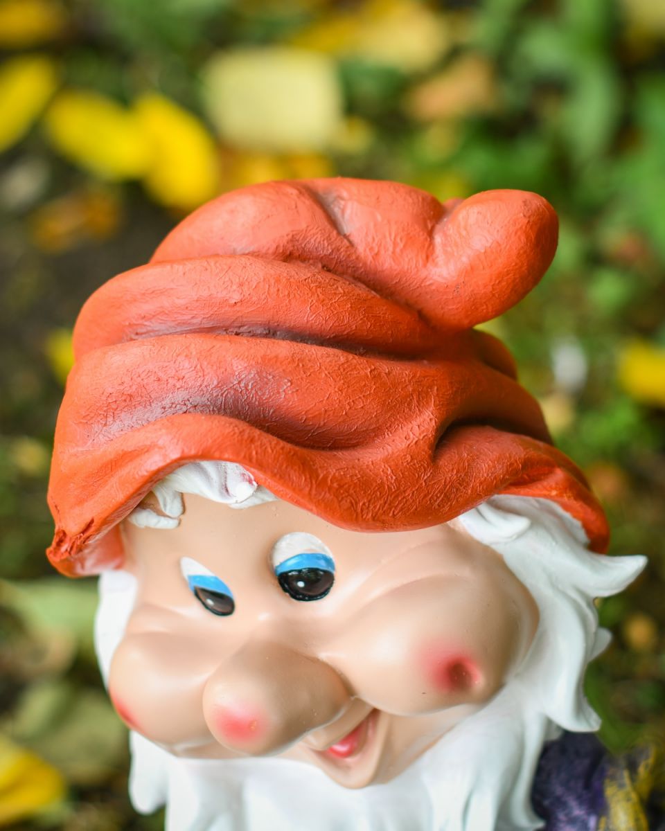 Close up of colourful outdoor gnome ornament