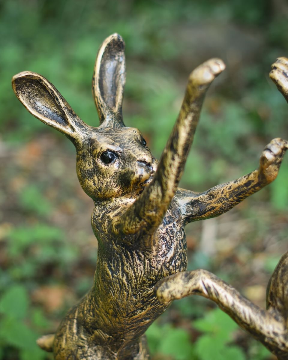 Close up of intricate detail on brushed gold hare garden sculpture
