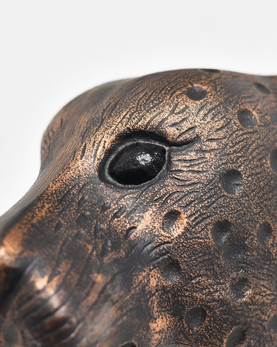 Close up of intricate eye detail on Copper Leopard Wall Bust