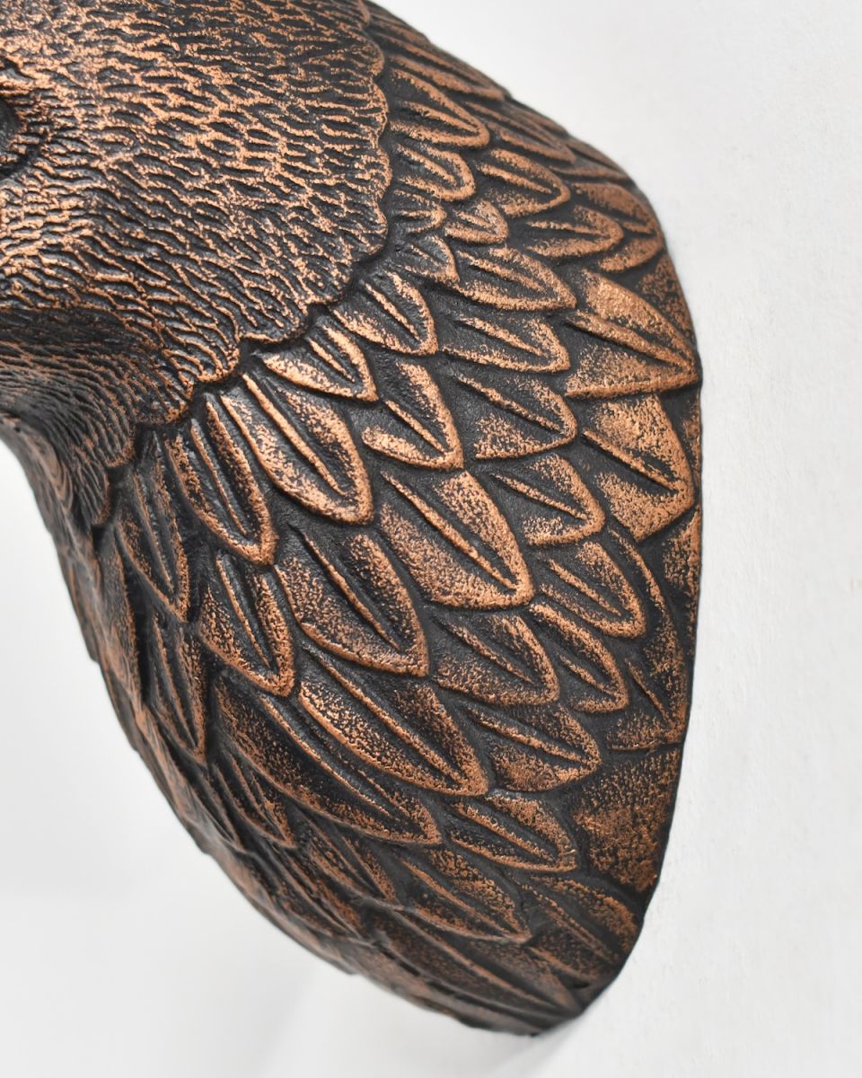 Close up of intricate feather detail on animal wall bust