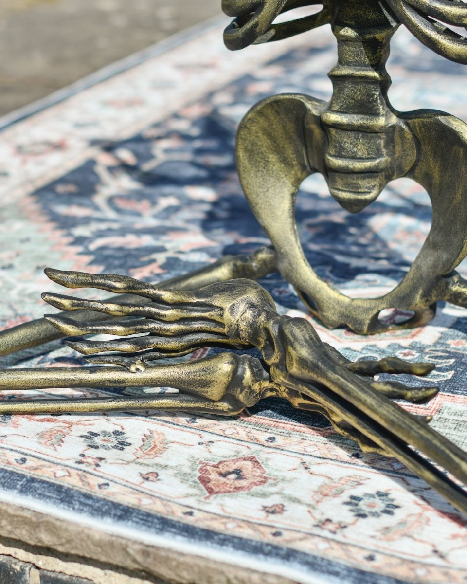 Close up of intricate leg detail on skeleton outdoor statue