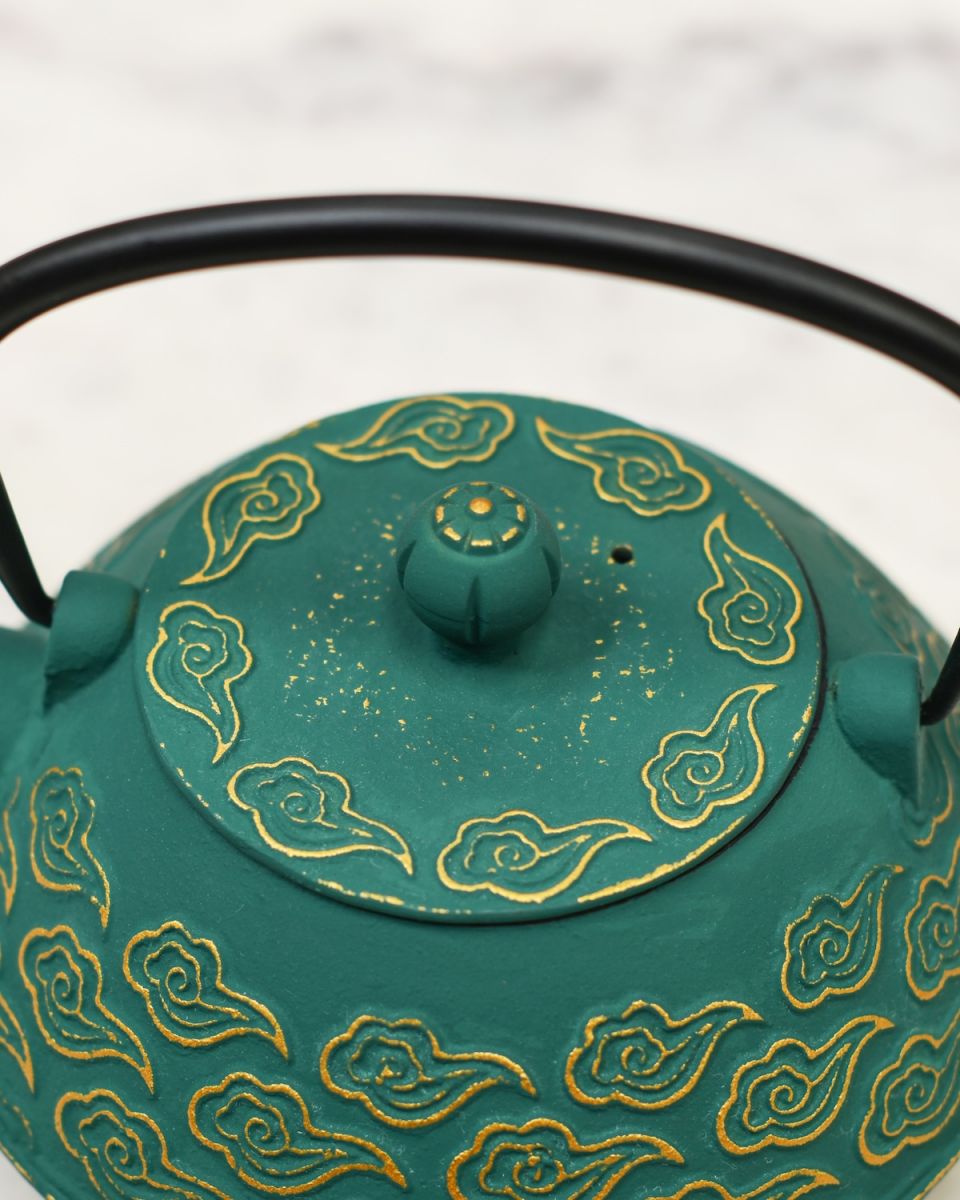 Close up of ornate lid detail on japanese style cast iron teapot