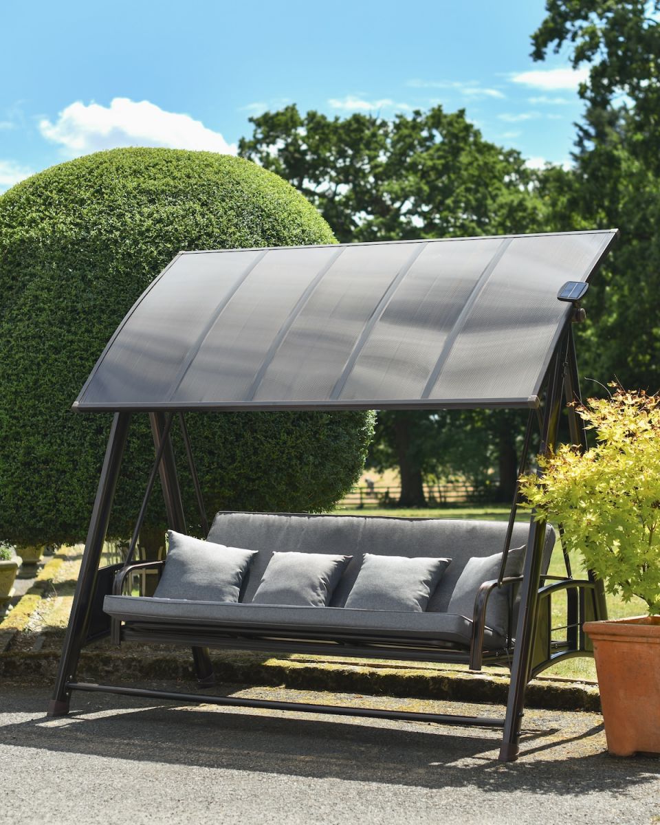 Close up of moveable light shade on "Thornbury" Reclining Swing Seat with Built-in Solar Lights