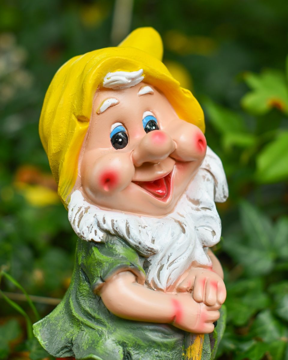 Close up of intricate face detail on colourful garden gnome ornament