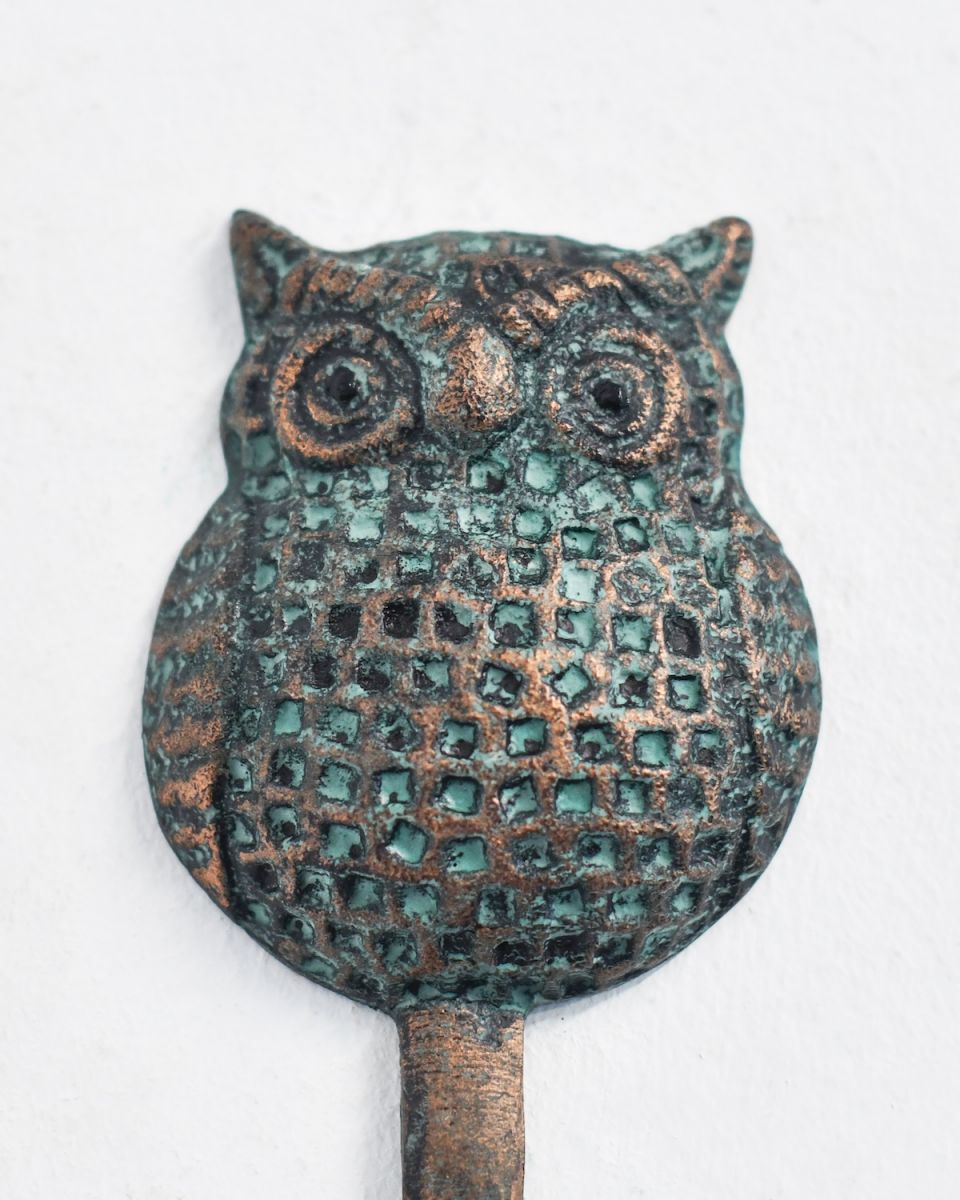 Close up of owl detail on verdigris coat hook