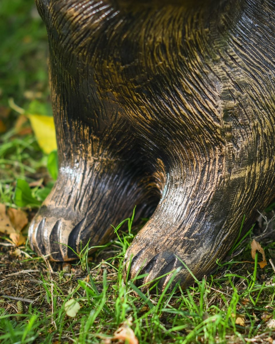 Close up of intricate paw details on badger garden statue
