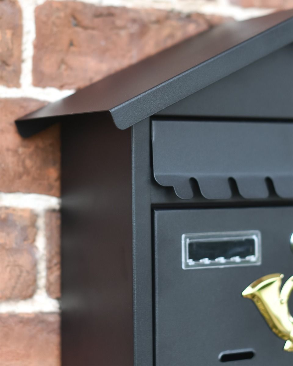 Close up of black post box  Close up of black post box