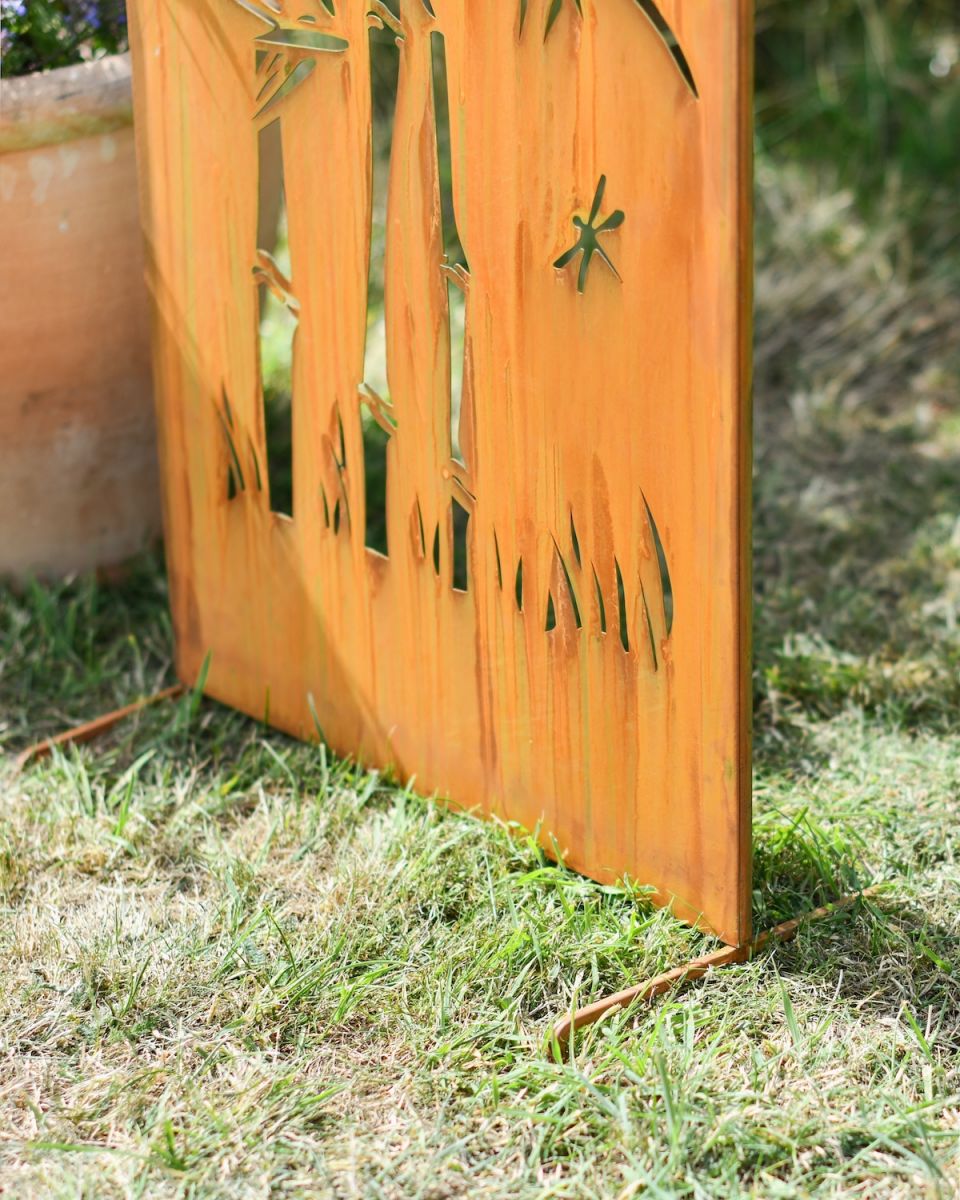 Close up of intricate cut out detail on freestading garden screen