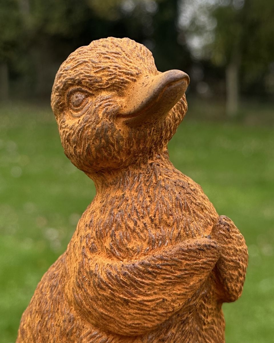 Close up of intricate detail on duck garden sculpture