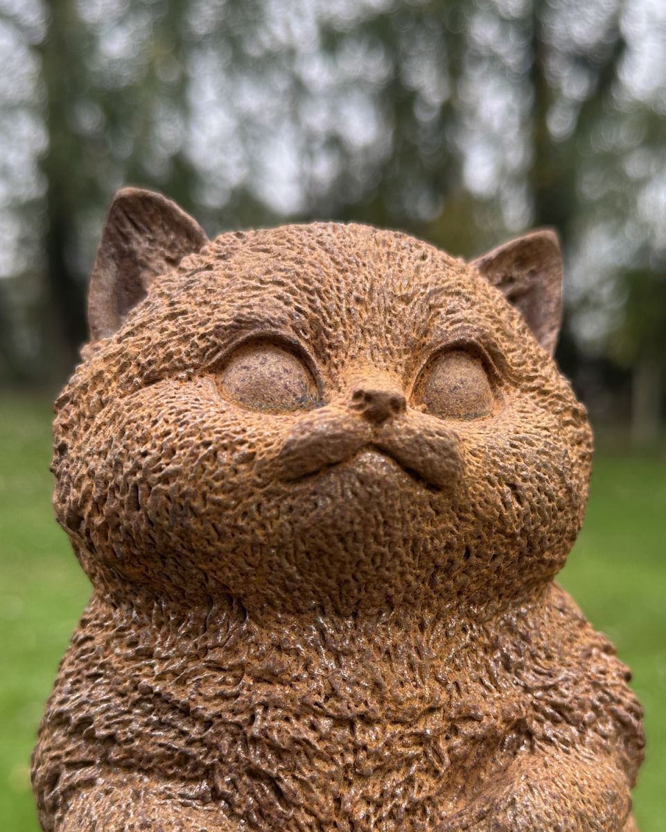 Close up of intricate face detail on Rustic Cast Iron "Kehlani" the Kitten Sculpture Close up of intricate face detail on Rustic Cast Iron "Kehlani" the Kitten Sculpture