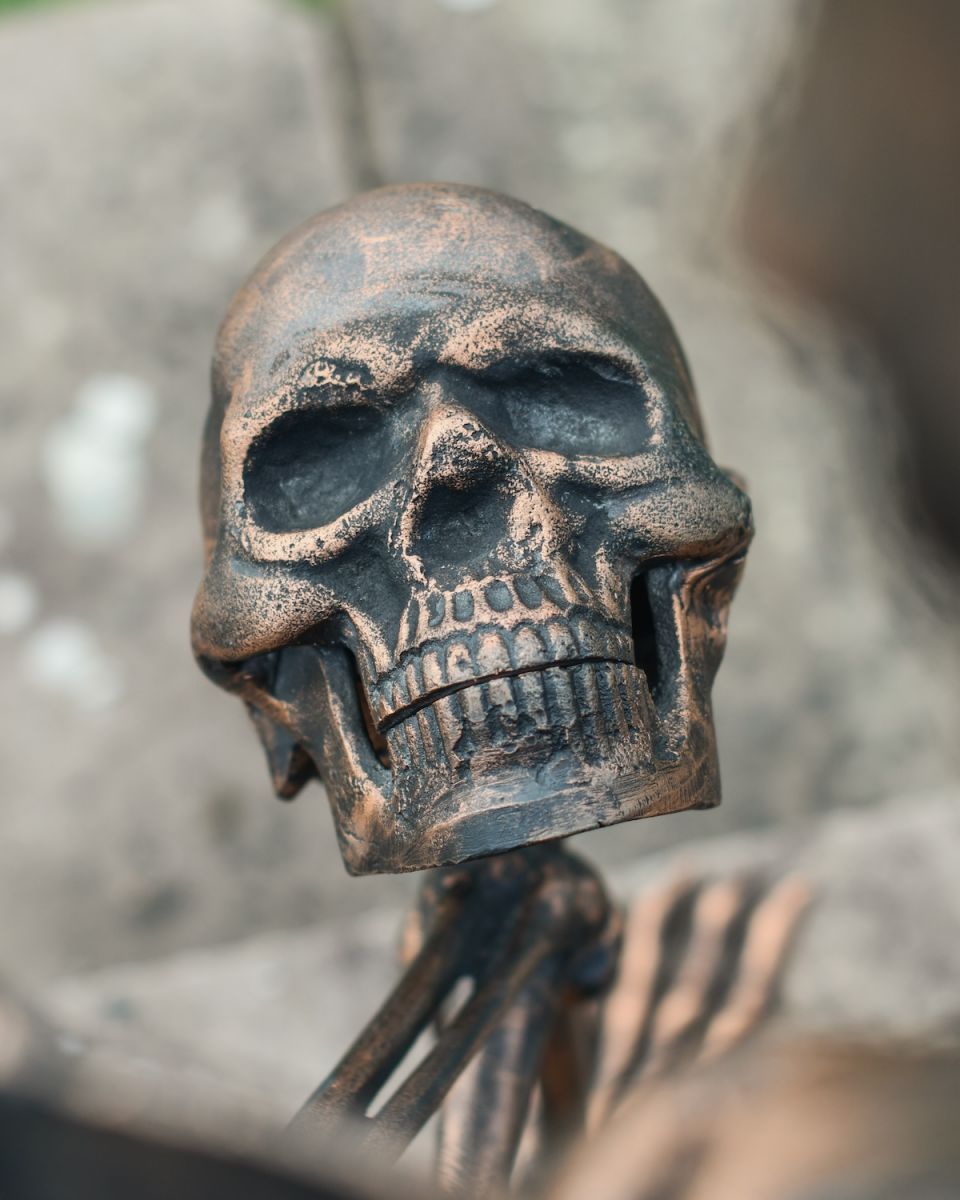 Close up of intricate skull detail on skeleton garden statue