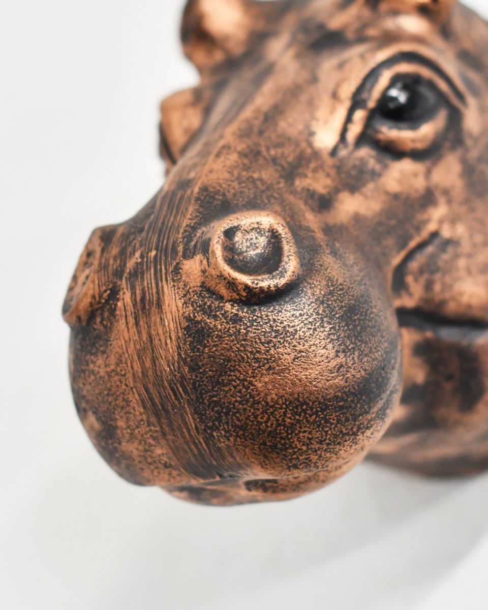 Close up of copper hippopotamus animal wall bust
