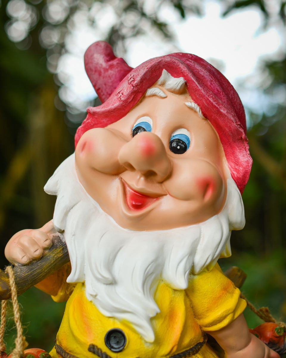 Close up of intricate detail on colourful garden gnome ornament
