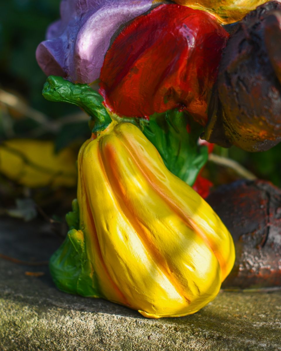 Close up of squash on garden gnome sculpture