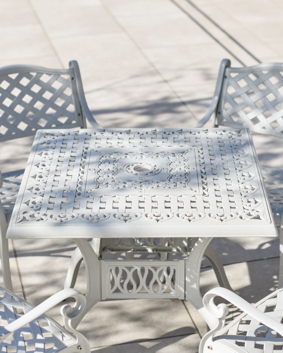 close up on table top and chair detail on blanche garden set white