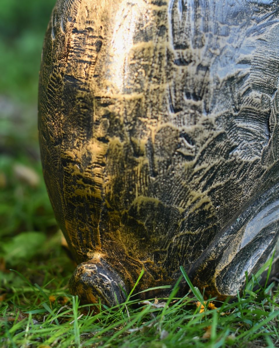 Close up of intricate fur detail on brushed gold hare patio statue
