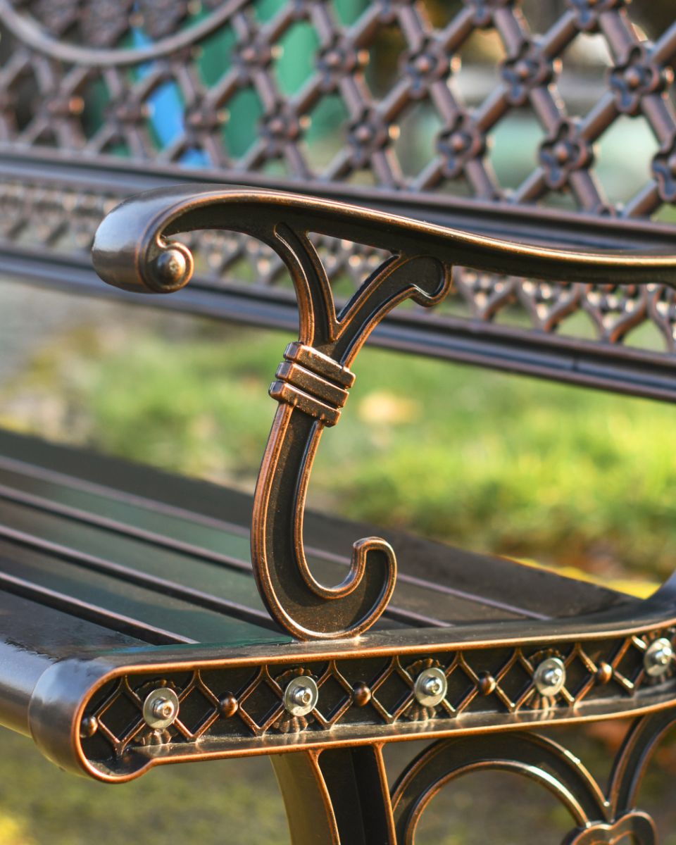 Close Up Of The Design On The Arms Of The Fairford Garden Bench
