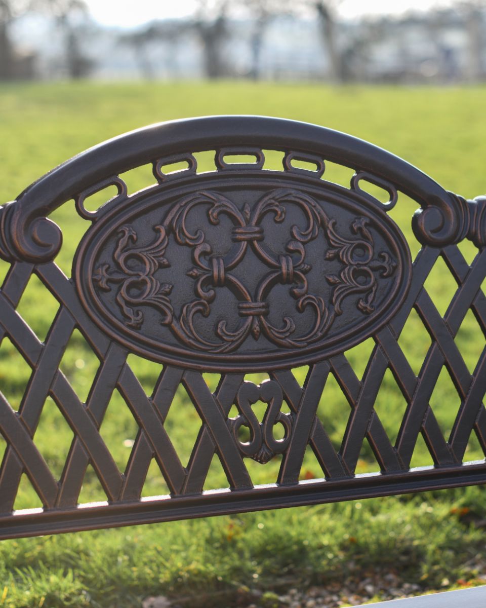 Close Up Of The Design On The Traditional Copper Snowshill Garden Bench