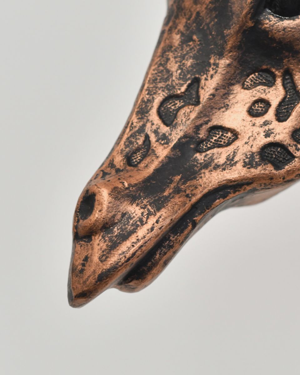 Close Up Details Of The Cast Aluminium Giraffe Head In Bronze