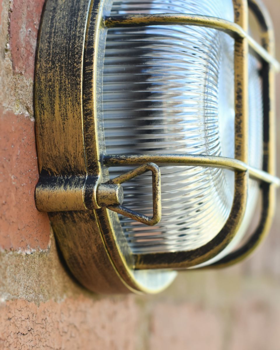 Close Up Of The Antique Brass Cosby Bulkhead Wall Light