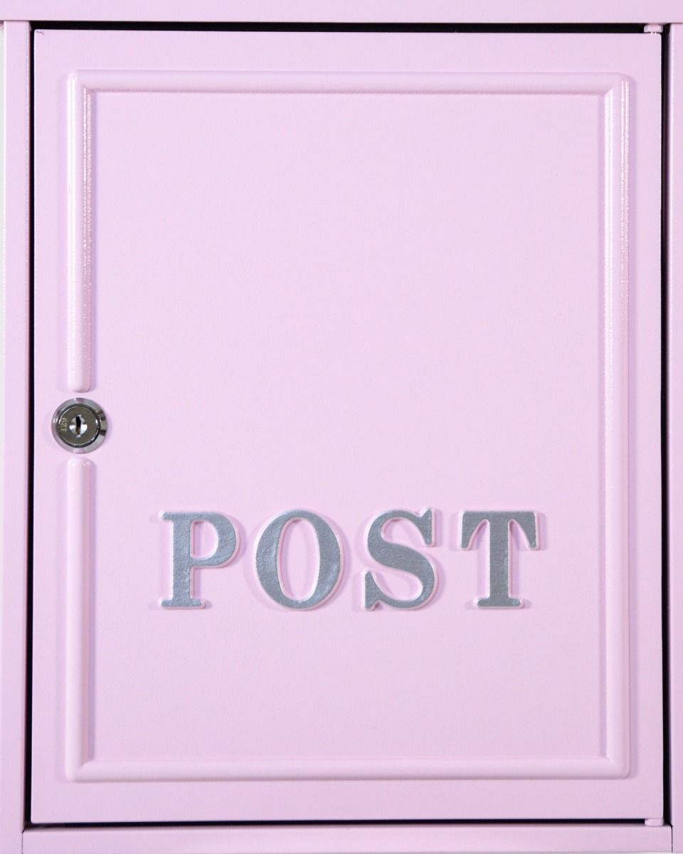Close up of the Front of the Pink "Oxford" Wall Mounted Post Box with Silver Detail