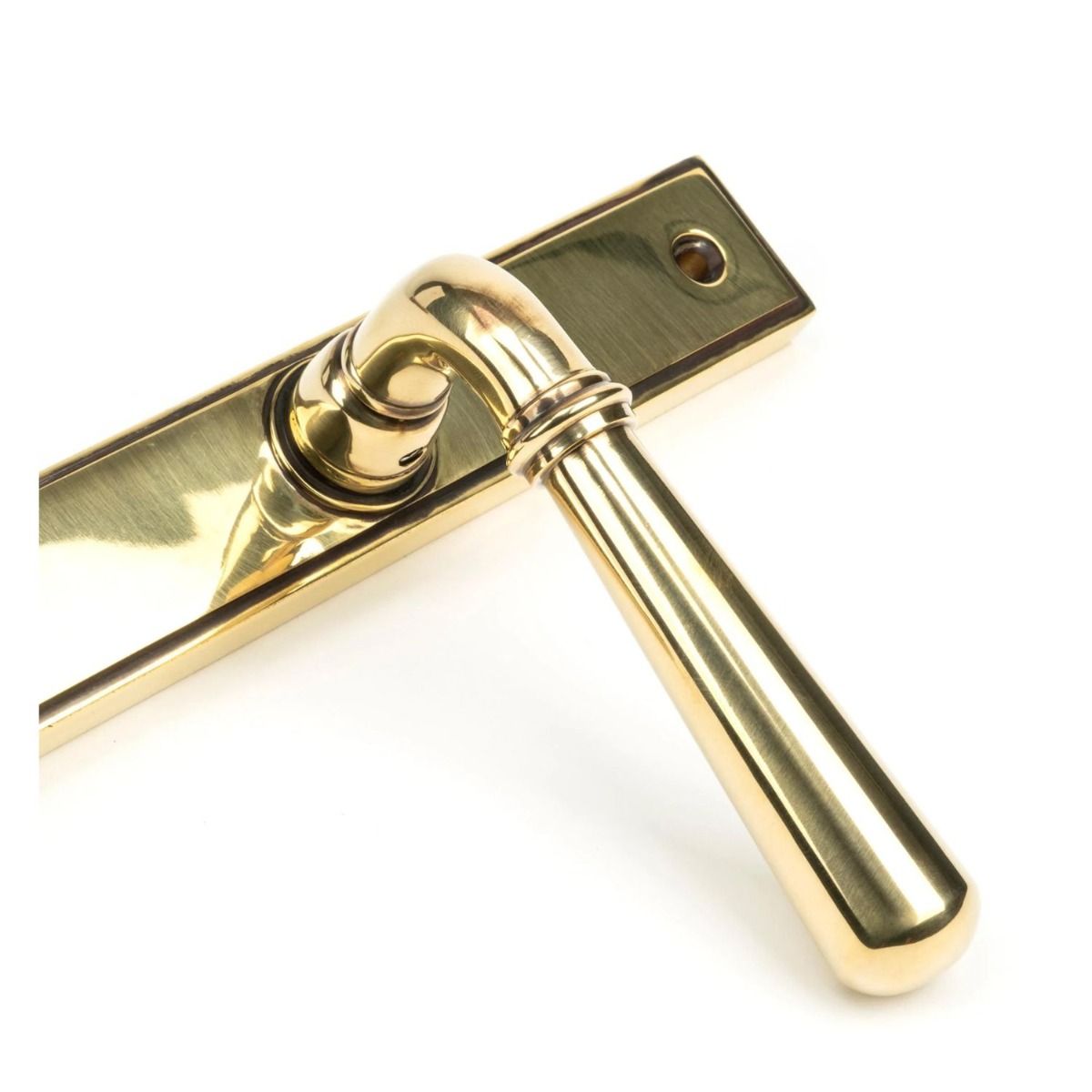 Close up of the Handle for the The Slimline Smooth Lever Espagnolette Door Latch in Aged Brass