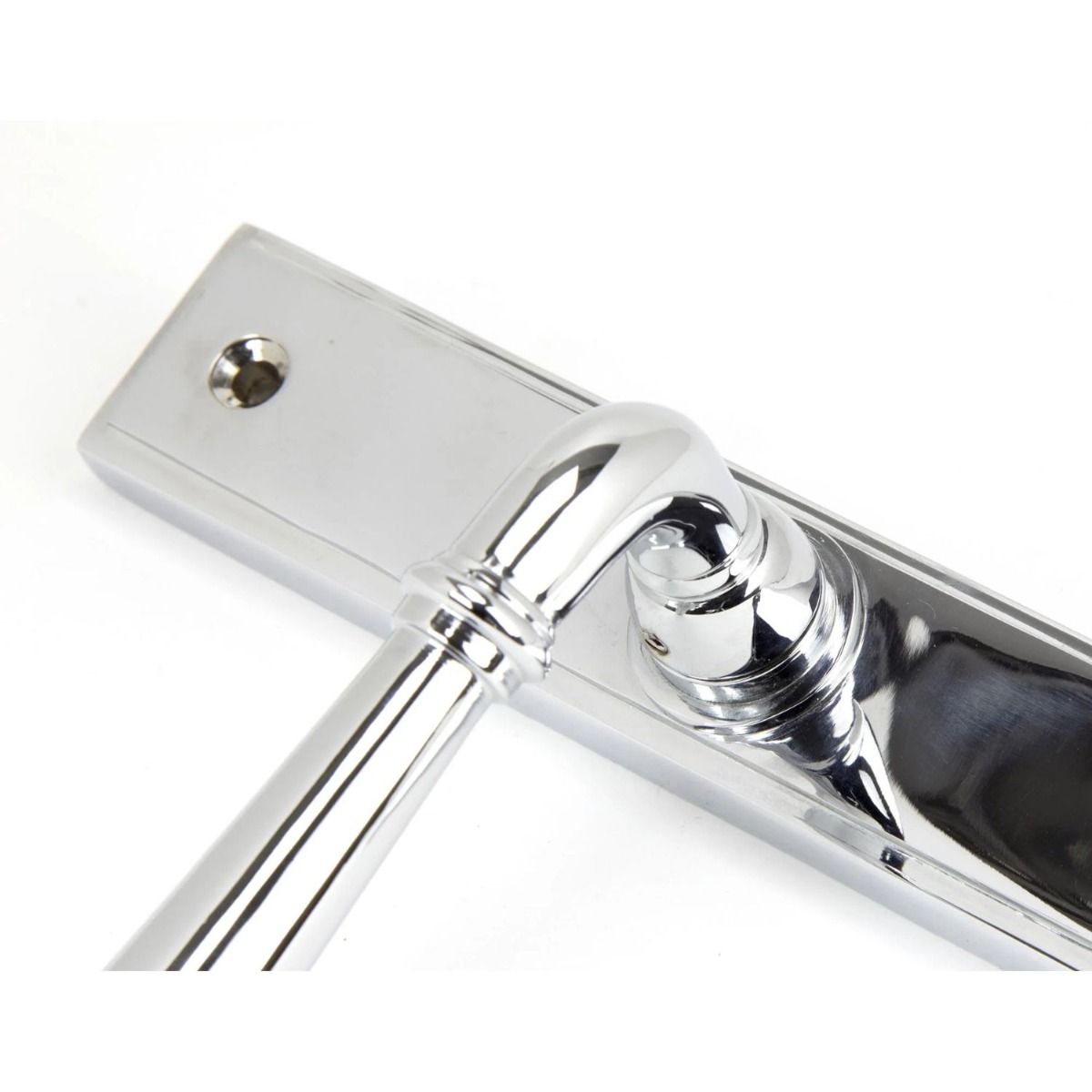 Close up of the Handle for The Slimline Smooth Lever Espagnolette Door Latch in Polished Chrome