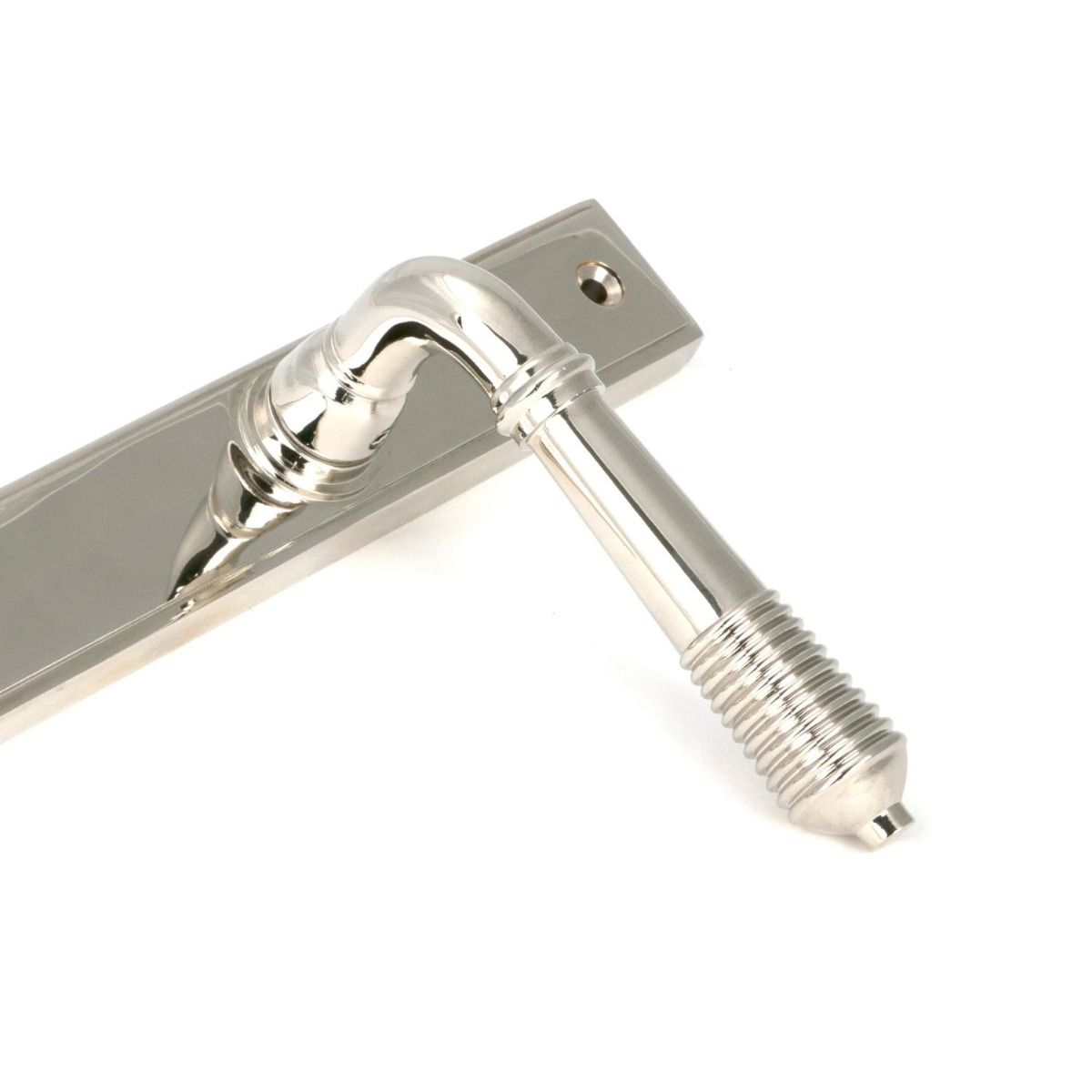 Close up of the Handle for the The Reeded Slimline Lever Espagnolette Door Latch in Polished Nickel