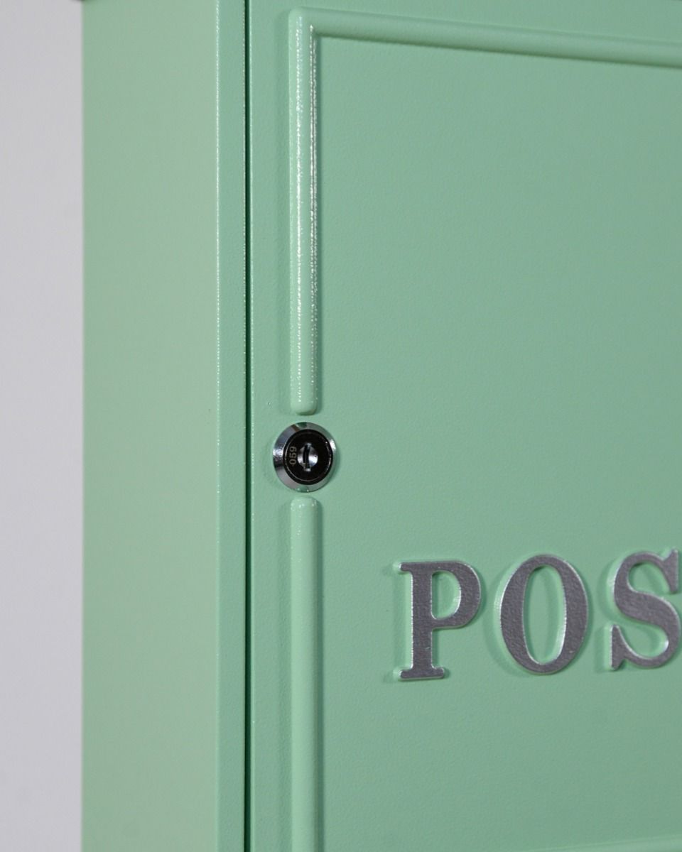 Close up of the Lock and Front Access of the Mint Green "Oxford" Wall Mounted Post Box with Silver Detail
