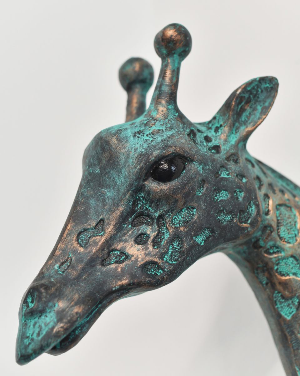 Close Up Of The Verdigris Finish On The Giraffe Head Bust 