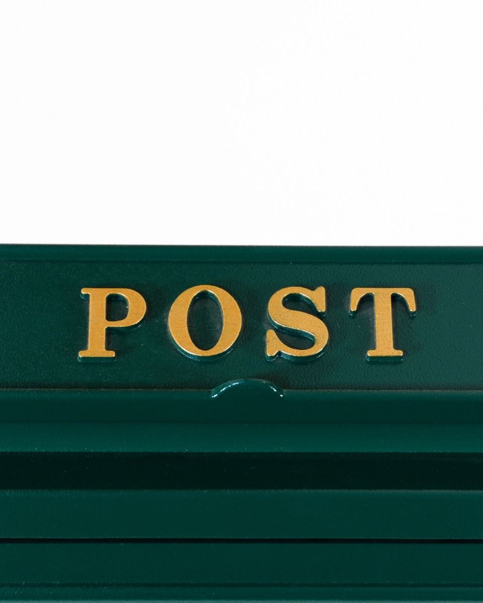 Close up of the Writing on the Letter Flap at the Top of the Antique Green "Oxford" Wall Mounted Post Box with Gold Detail