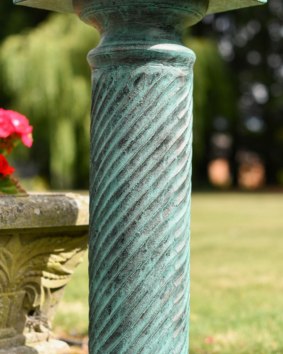Close up of intricate detail on Verdigris Barley Twist Column