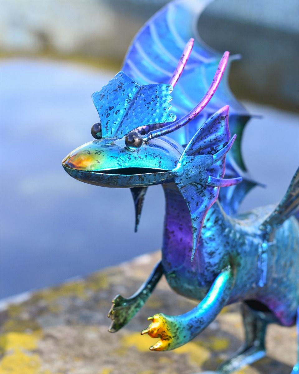 Blue Metal Baby Dragon Garden Sculpture 