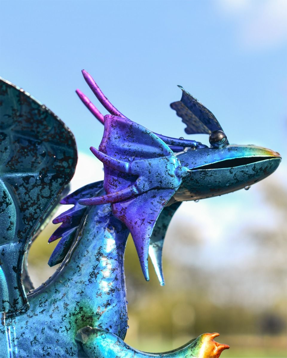 Blue Metal Baby Dragon Garden Sculpture 