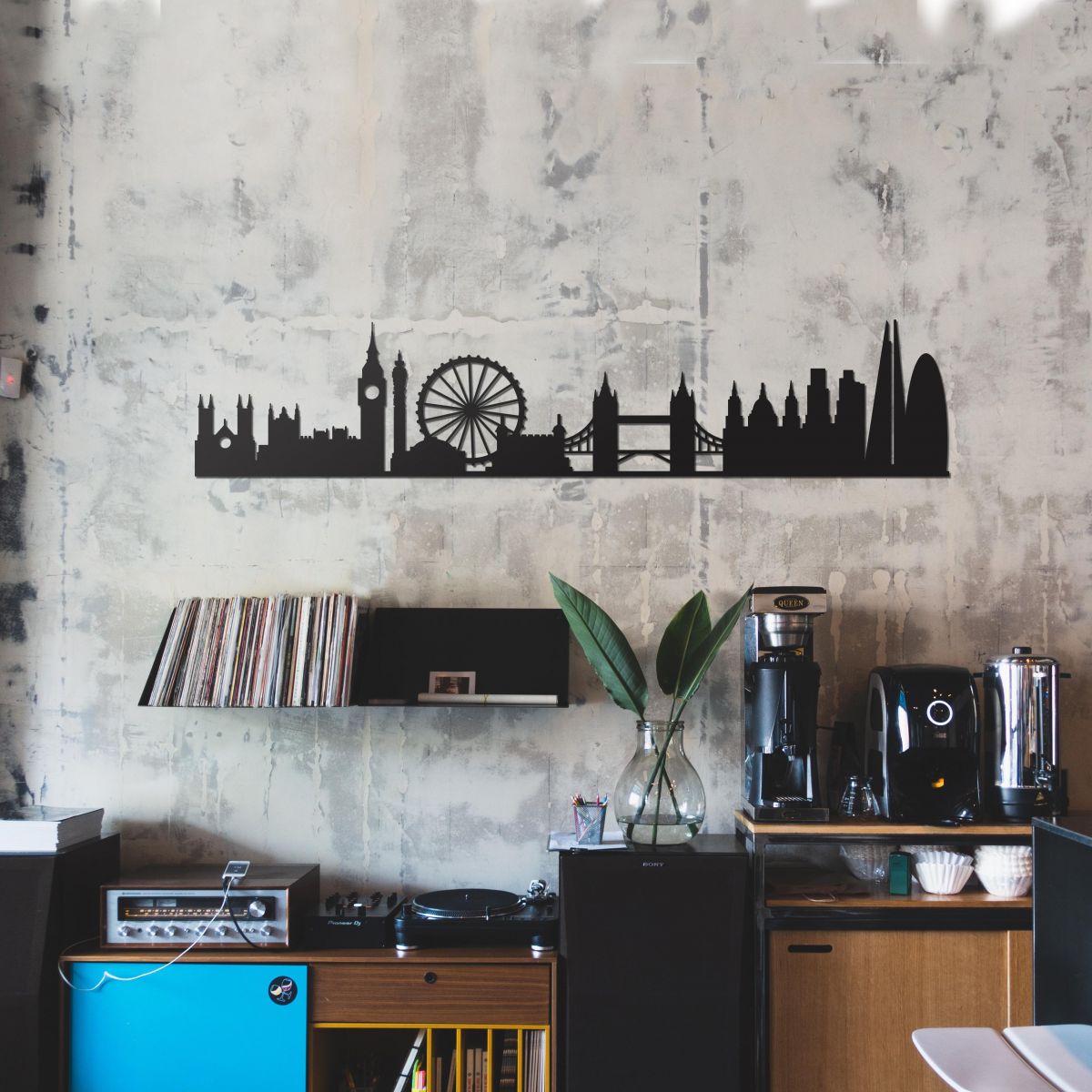 Black London Silhouette Wall Art on a Rustic Wall