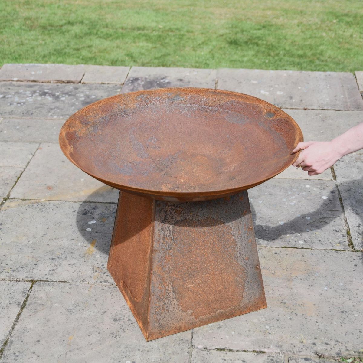 Rustic "High Tower" Fire Pit & Stand with Hand for Scale  Rustic "High Tower" Fire Pit & Stand with Hand for Scale