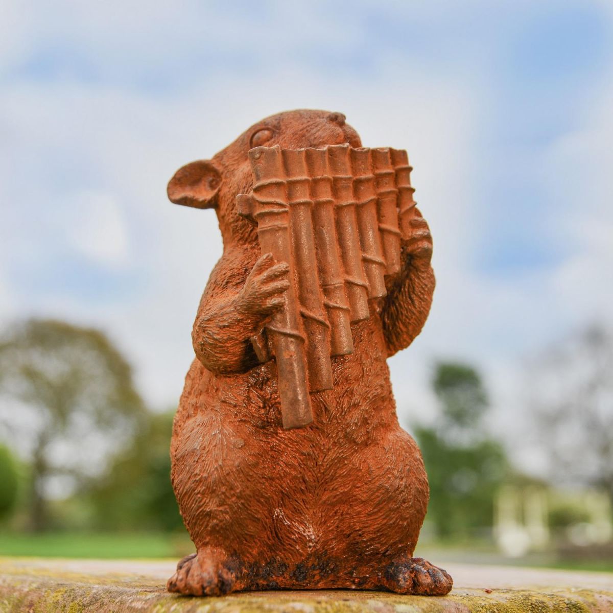 Rustic Cast Iron Panpiping Chipmunk Garden Sculpture  Rustic Cast Iron Panpiping Chipmunk Garden Sculpture