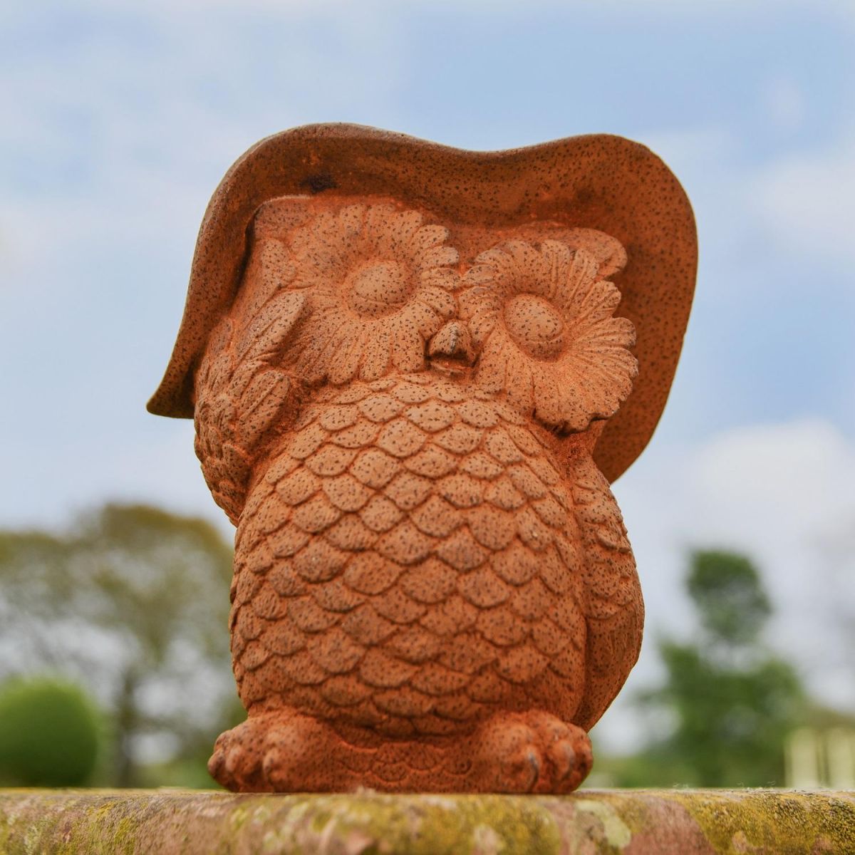 Rustic Cast Iron Owl in Hat Sculpture in Garden  Rustic Cast Iron Owl in Hat Sculpture in Garden