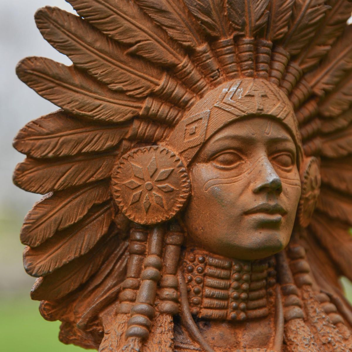 Close-Up of Rustic Cast Iron Native American Indian Head Bust Close-Up of Rustic Cast Iron Native American Indian Head Bust
