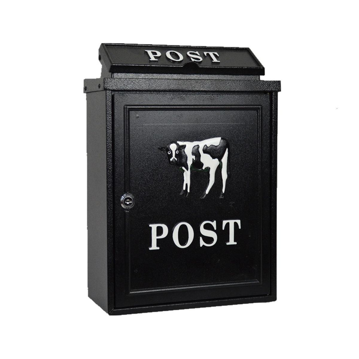 "Black & White Cow" Wall Mounted Post Box with White Background "Black & White Cow" Wall Mounted Post Box with White Background