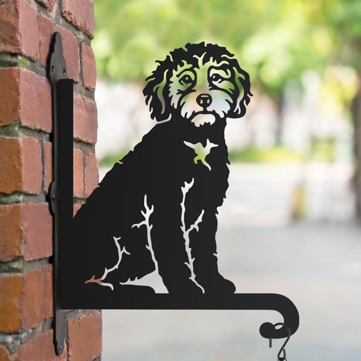 Cockapoo hanging basket bracket in the park Cockapoo hanging basket bracket in the park