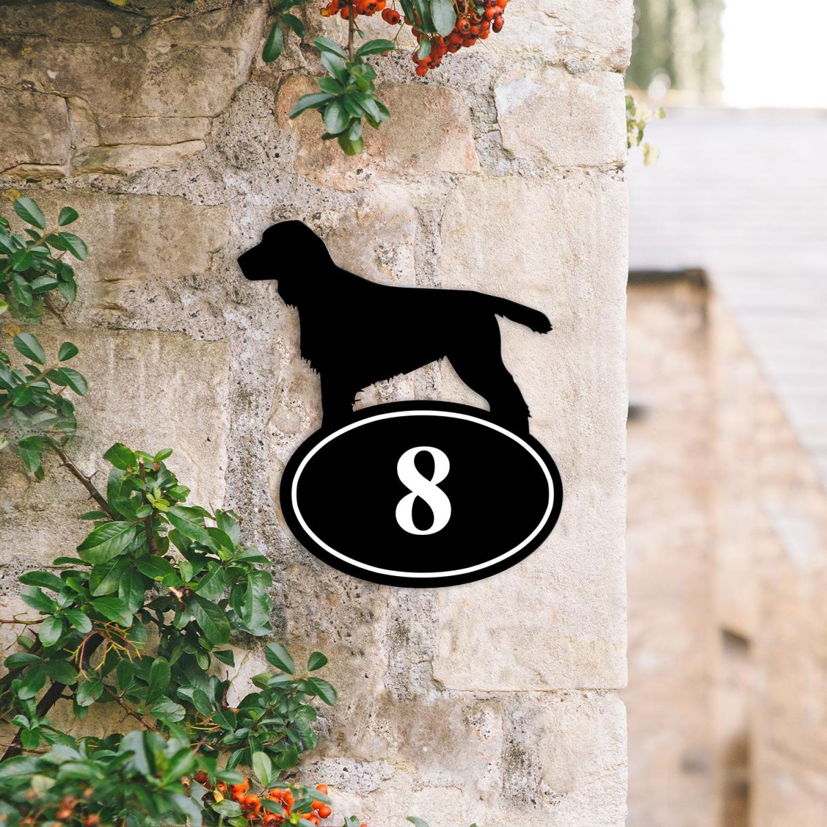 Bespoke Cocker Spaniel Iron House Number Sign in Situ