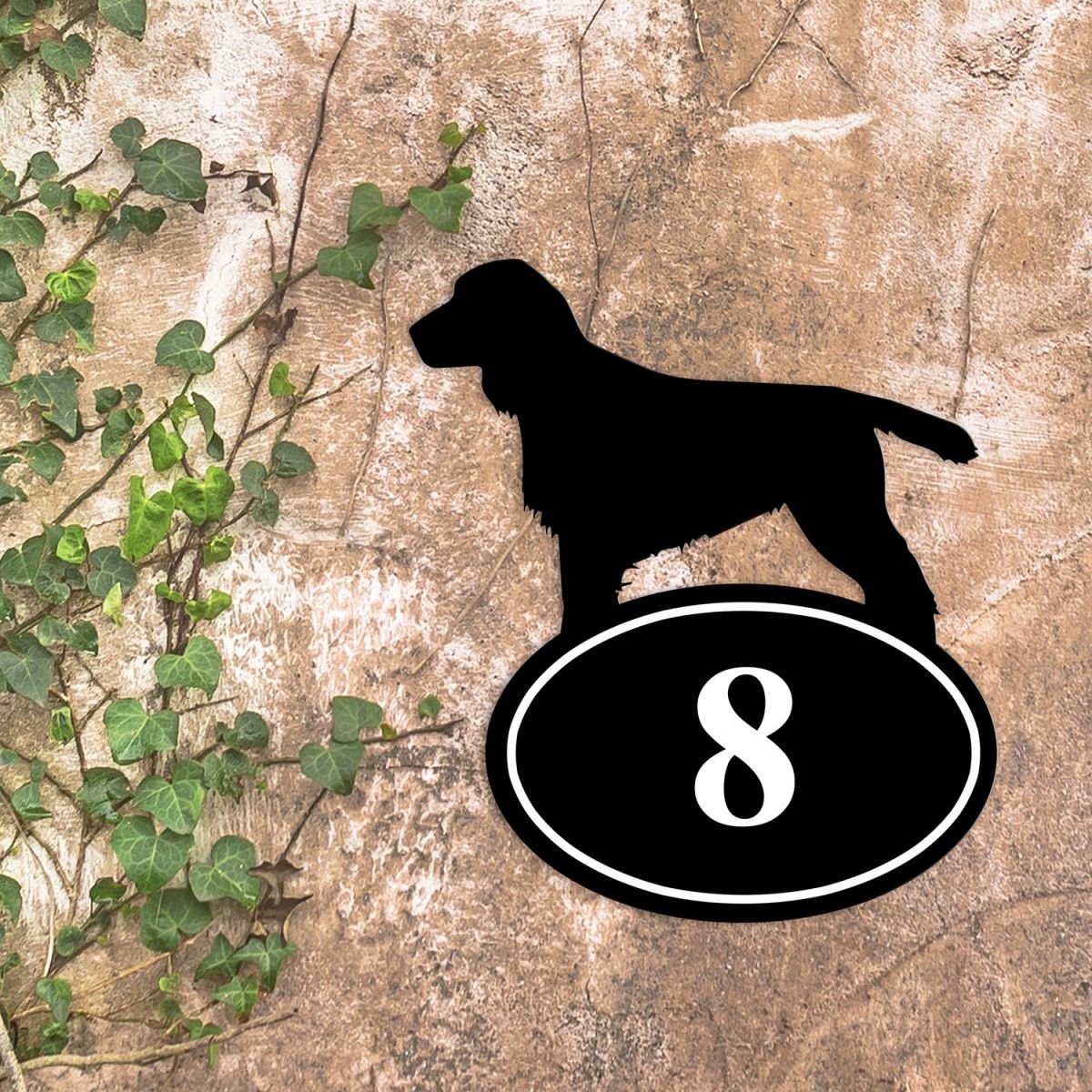 Cocker Spaniel Iron House Number Sign in Situ on a Rustic Wall 