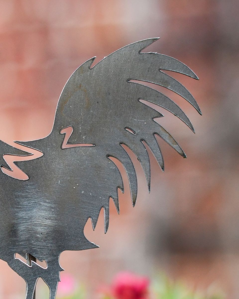 Cockerel Artistic Plant Pot Spike - Set of Two close up of tail