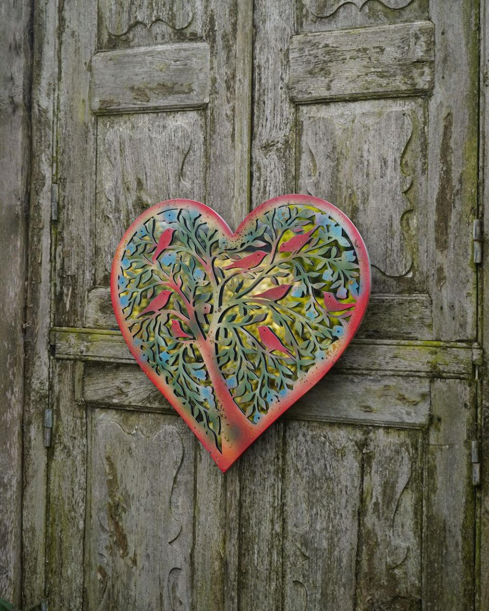 Colourful "Aviary Tree" Heart Shaped Garden Mirror Wall Art