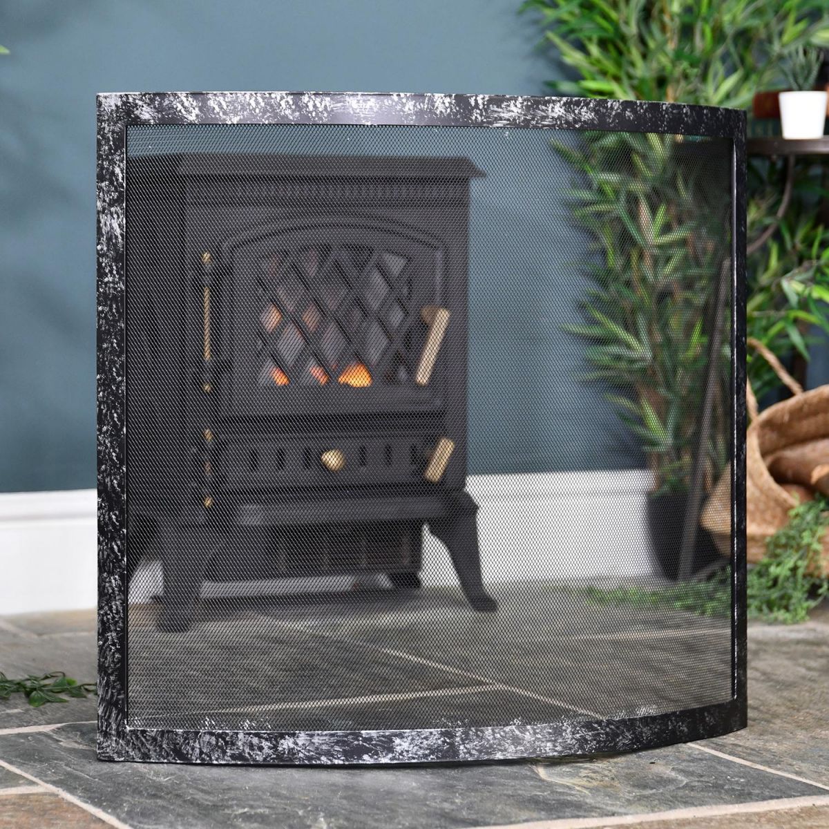Contemporary Antique Silver Bowed Fire Guard in Situ in Front of the Fireplace