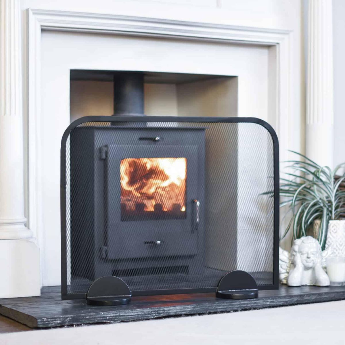 Contemporary Black Arched Single Panel Fireguard with Mesh