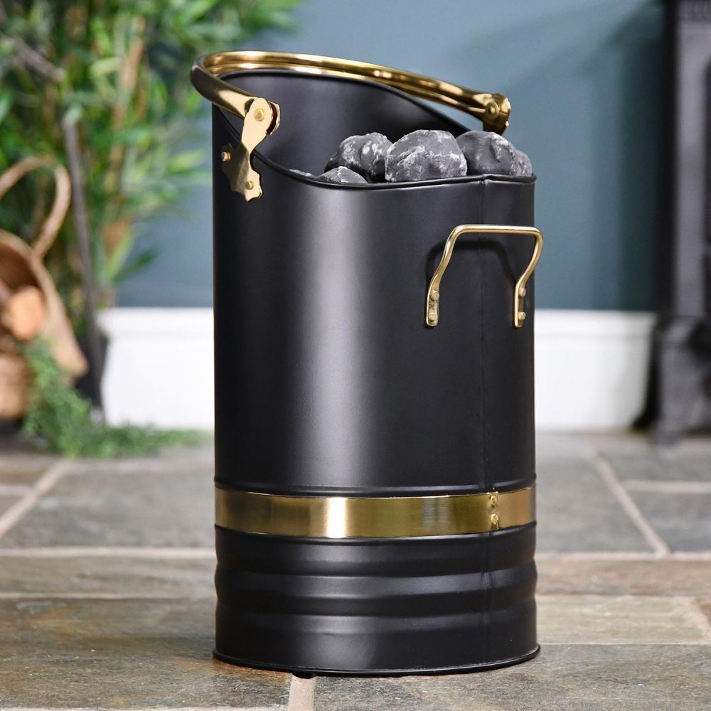 Contemporary Black Coal Hod With Brass Handles Contemporary Black Coal Hod With Brass Handles