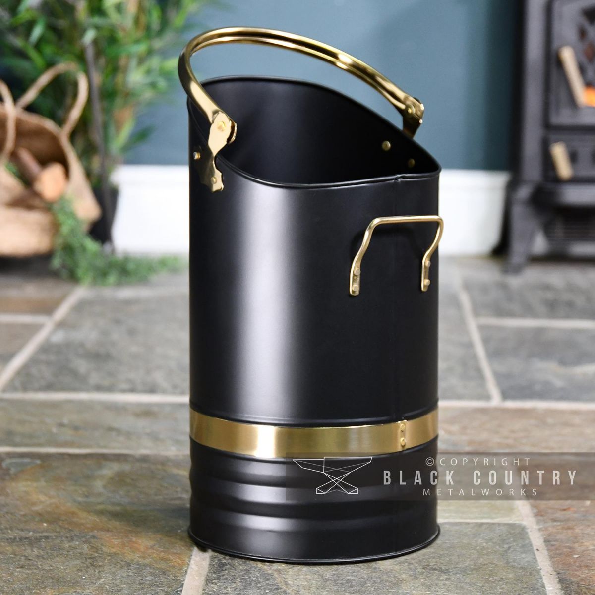 Black Contemporary Coal Hod with Brass Handles and Rim Black Contemporary Coal Hod with Brass Handles and Rim